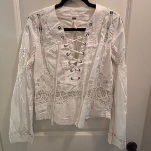 Free People White Lace-Up Crochet Peasant Blouse